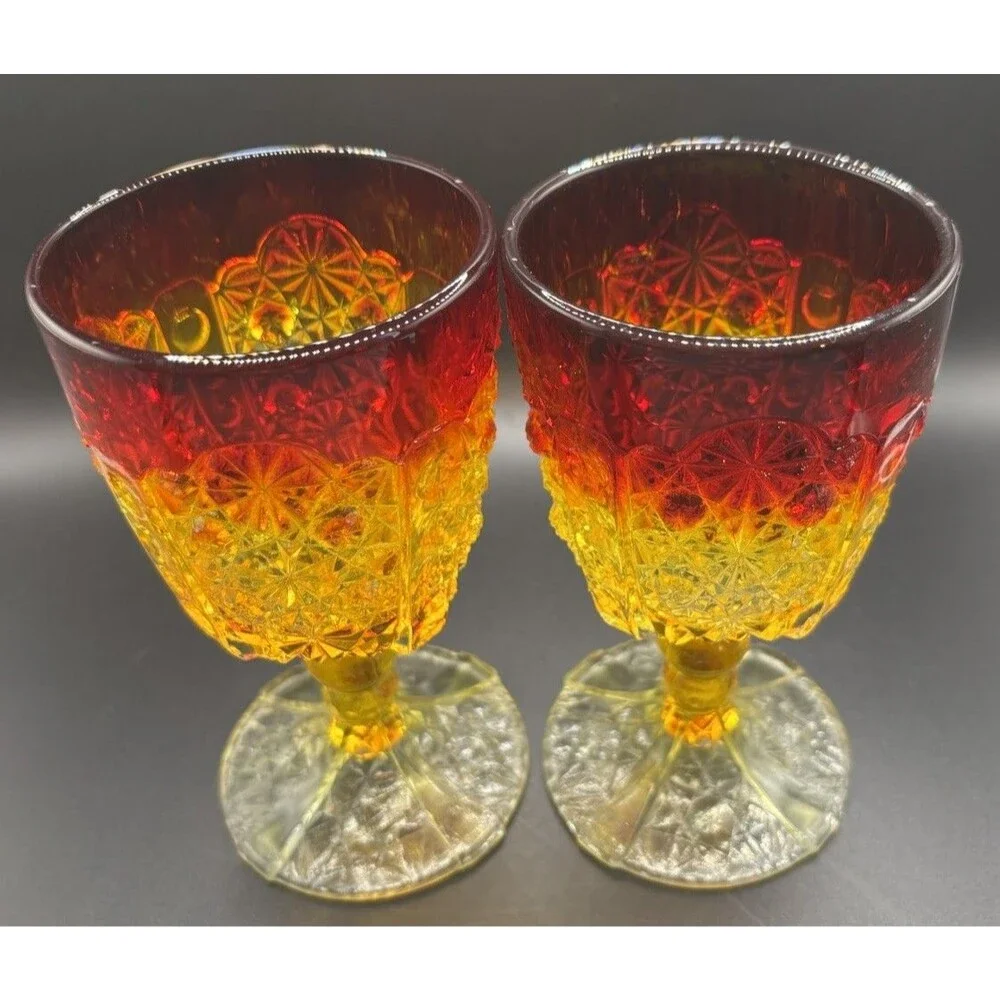 Set Of 2 Vtg Viking Glass AMBERINA SUNSET  Wine Glass 1950s UV Glows